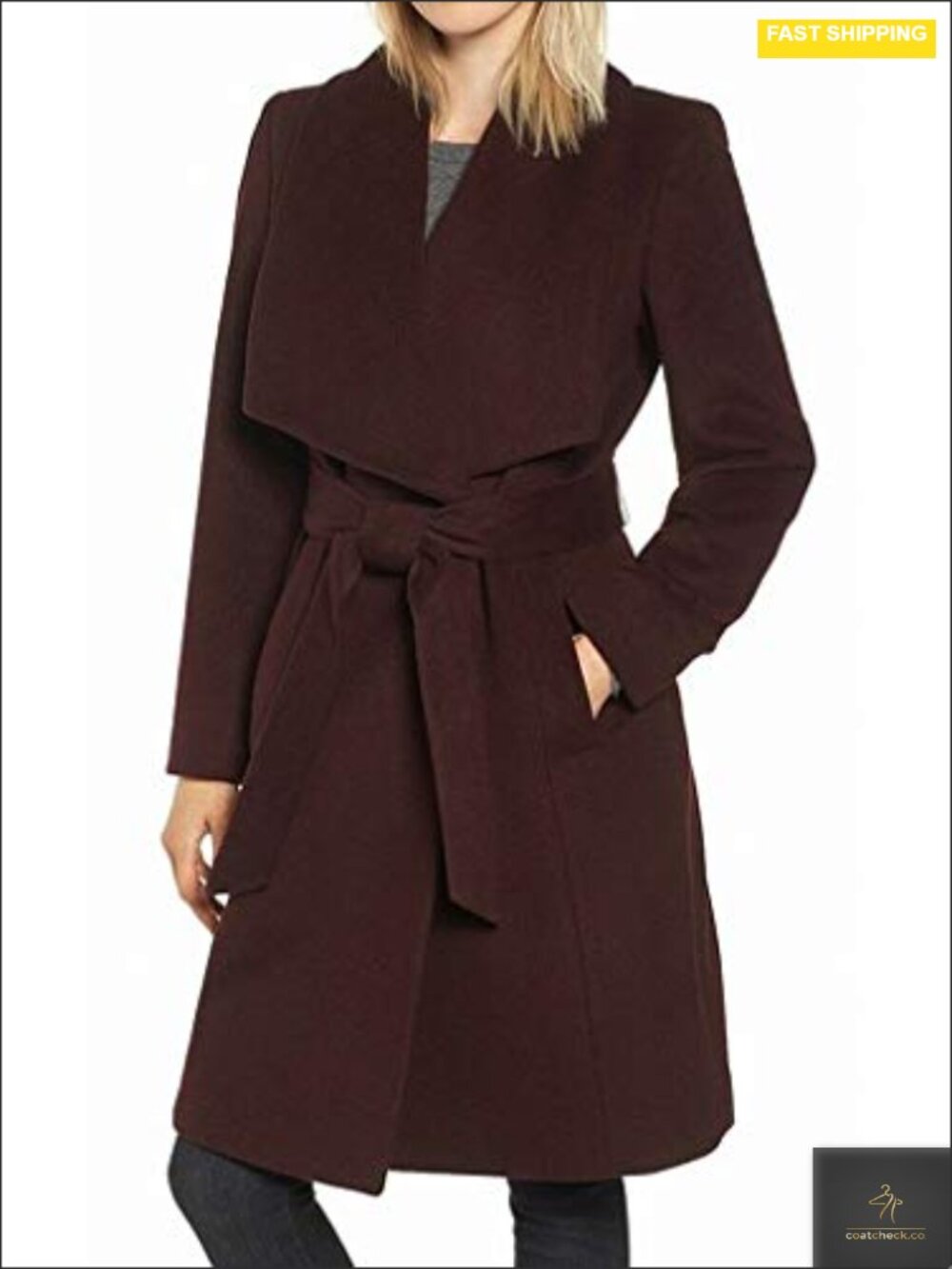 Wool Blend Wrap Coat with Belted Closure | Long Sleeve Pea Coat | Fully Lined